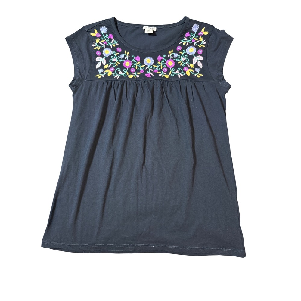 J.Crew Size XXS Short Sleeve Navy Blue Crew Neck Shirt Embroidered Floral Purple